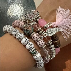 Pink and Silver Beaded Bracelet Set